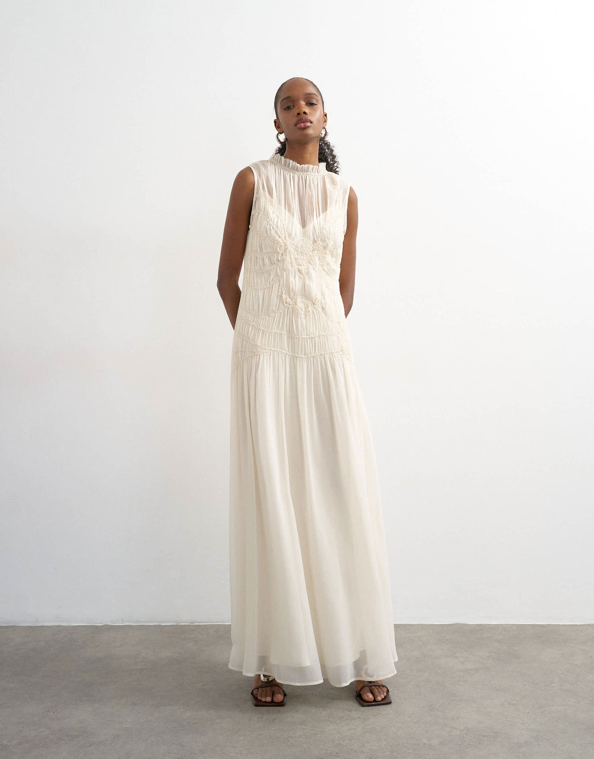 Topshop chiffon sleeveless maxi dress with ruched artwork in ecru