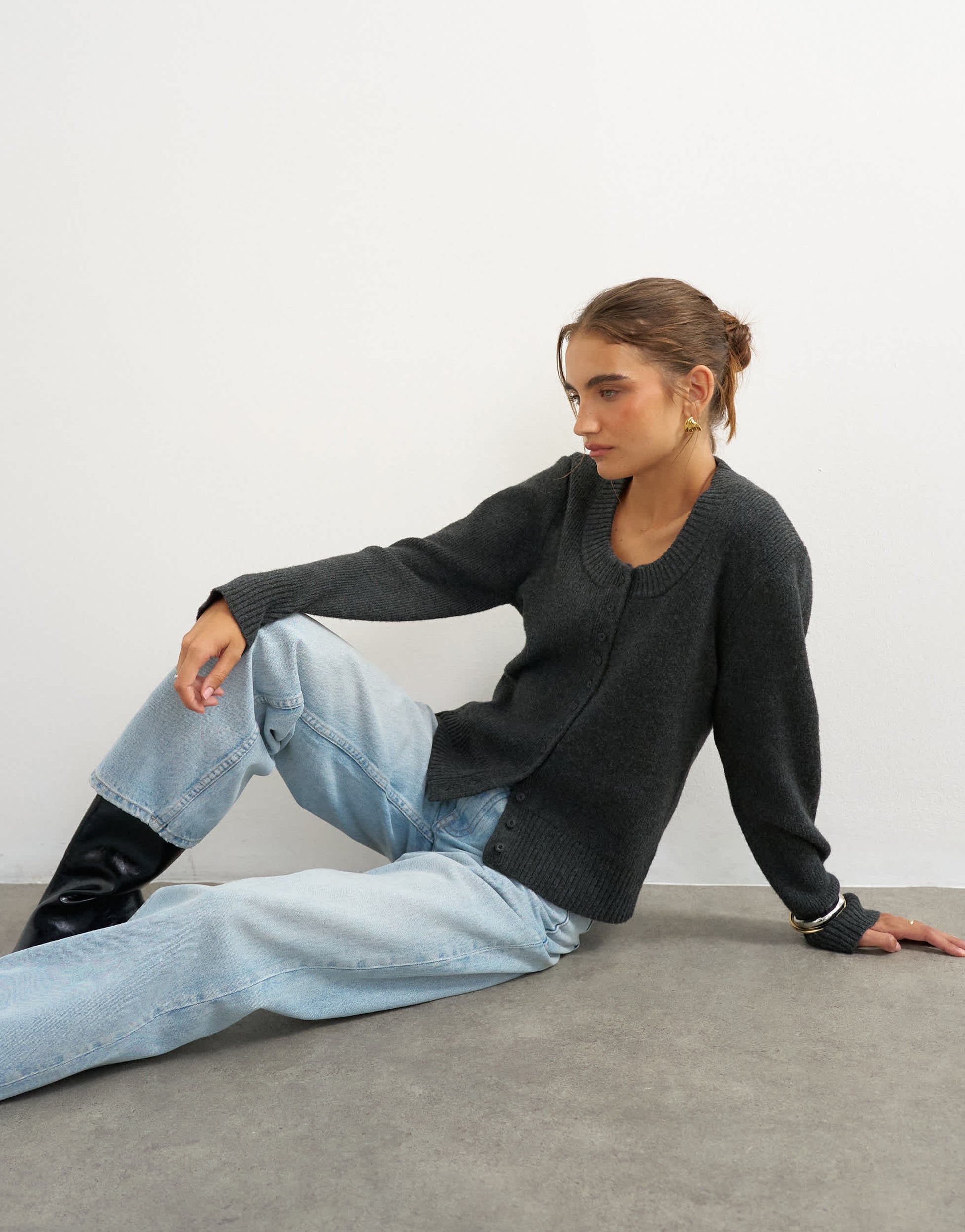 Topshop knitted scoop neck cardigan in coal