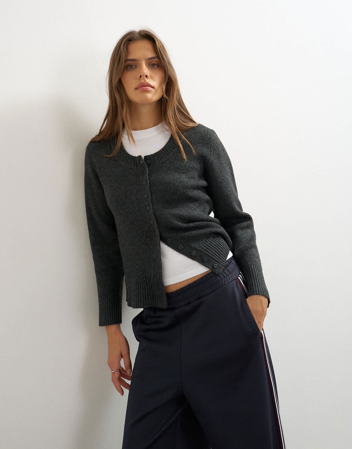 Topshop knitted scoop neck cardigan in coal