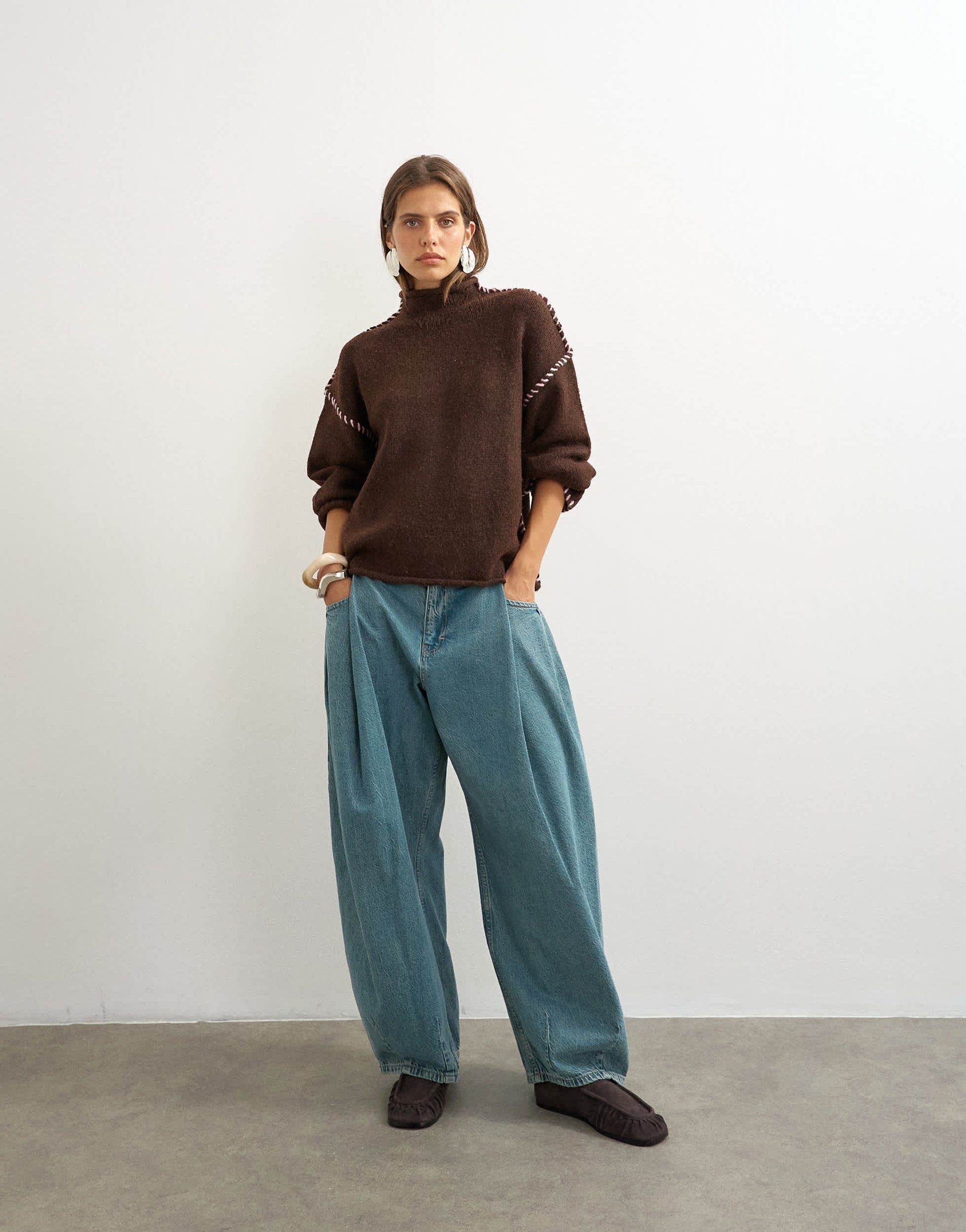Topshop knitted roll edge blanket stitch jumper in pecan