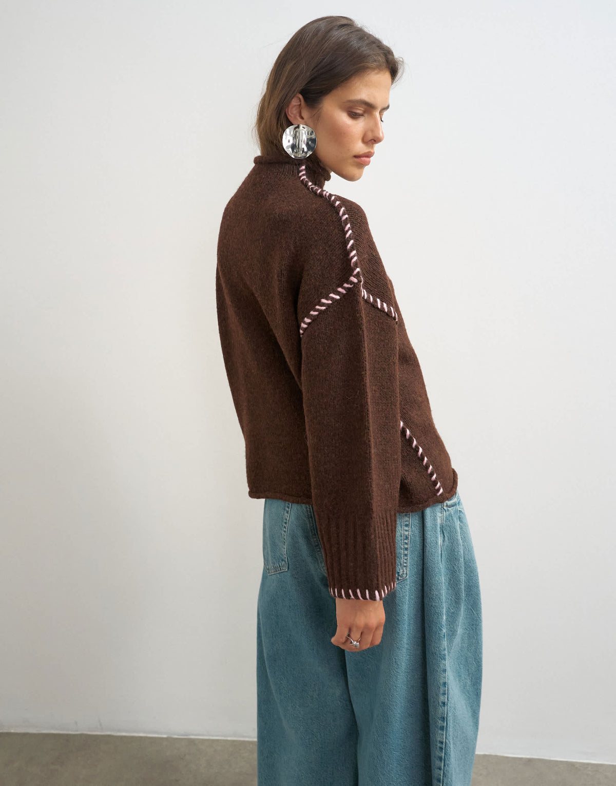 Topshop knitted roll edge blanket stitch jumper in pecan