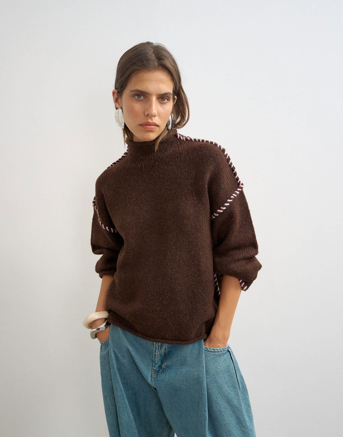 Topshop knitted roll edge blanket stitch jumper in pecan