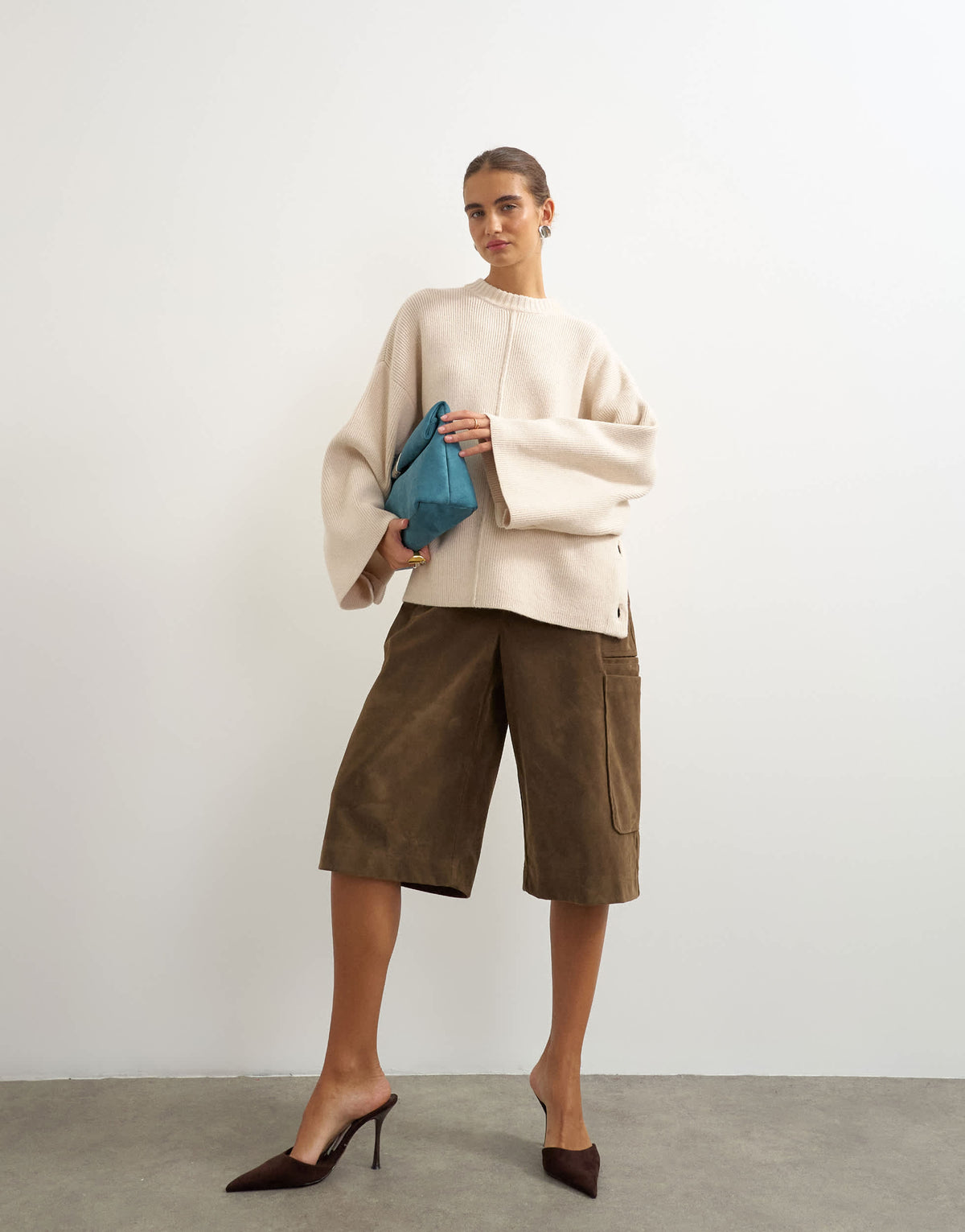 Topshop knitted boxy wide sleeve button detail jumper in latte