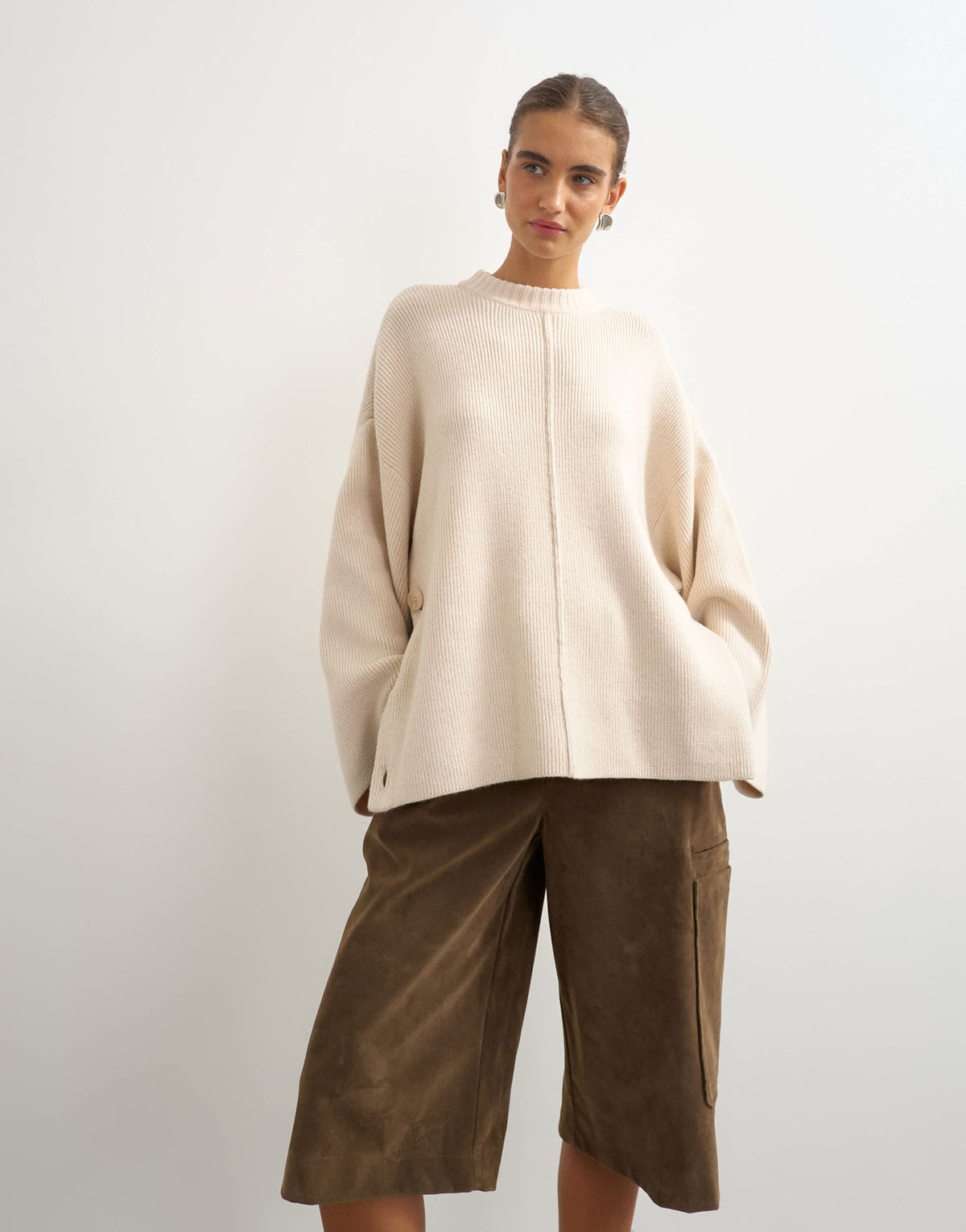 Topshop knitted boxy wide sleeve button detail jumper in latte
