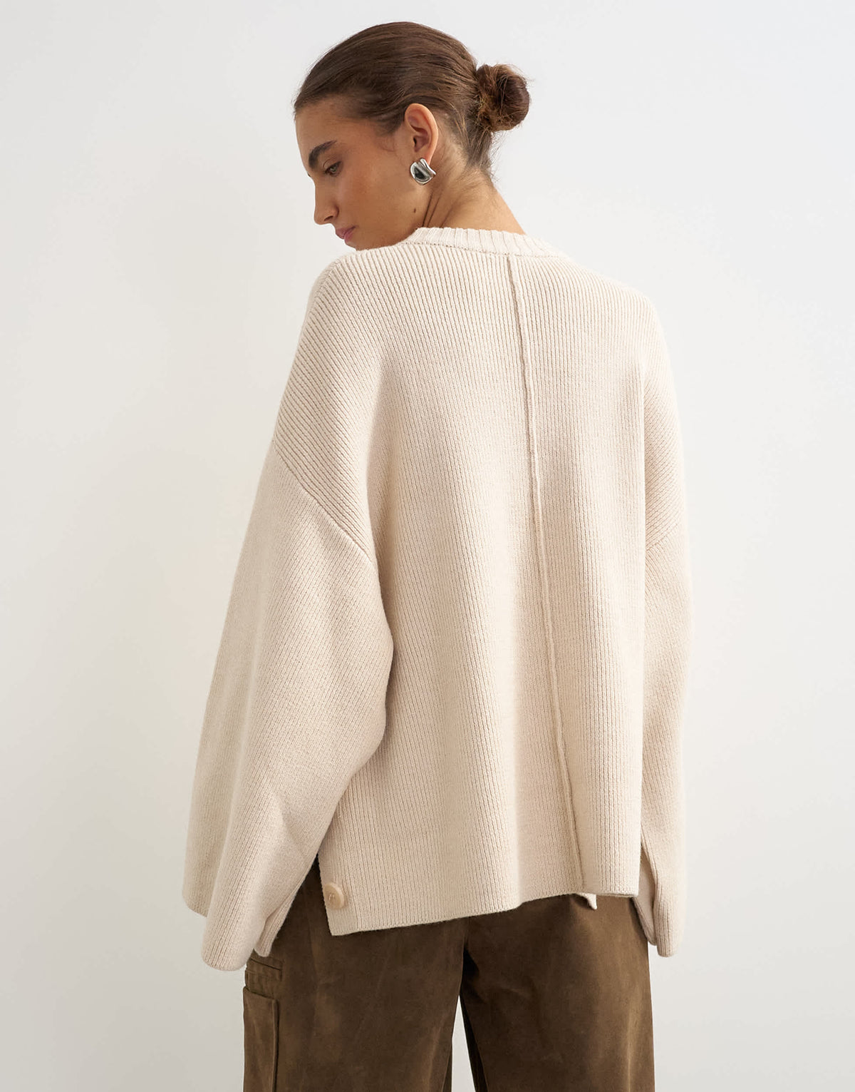 Topshop knitted boxy wide sleeve button detail jumper in latte