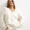 Topshop knitted v neck slouchy roll seam detail jumper with wool in ivory