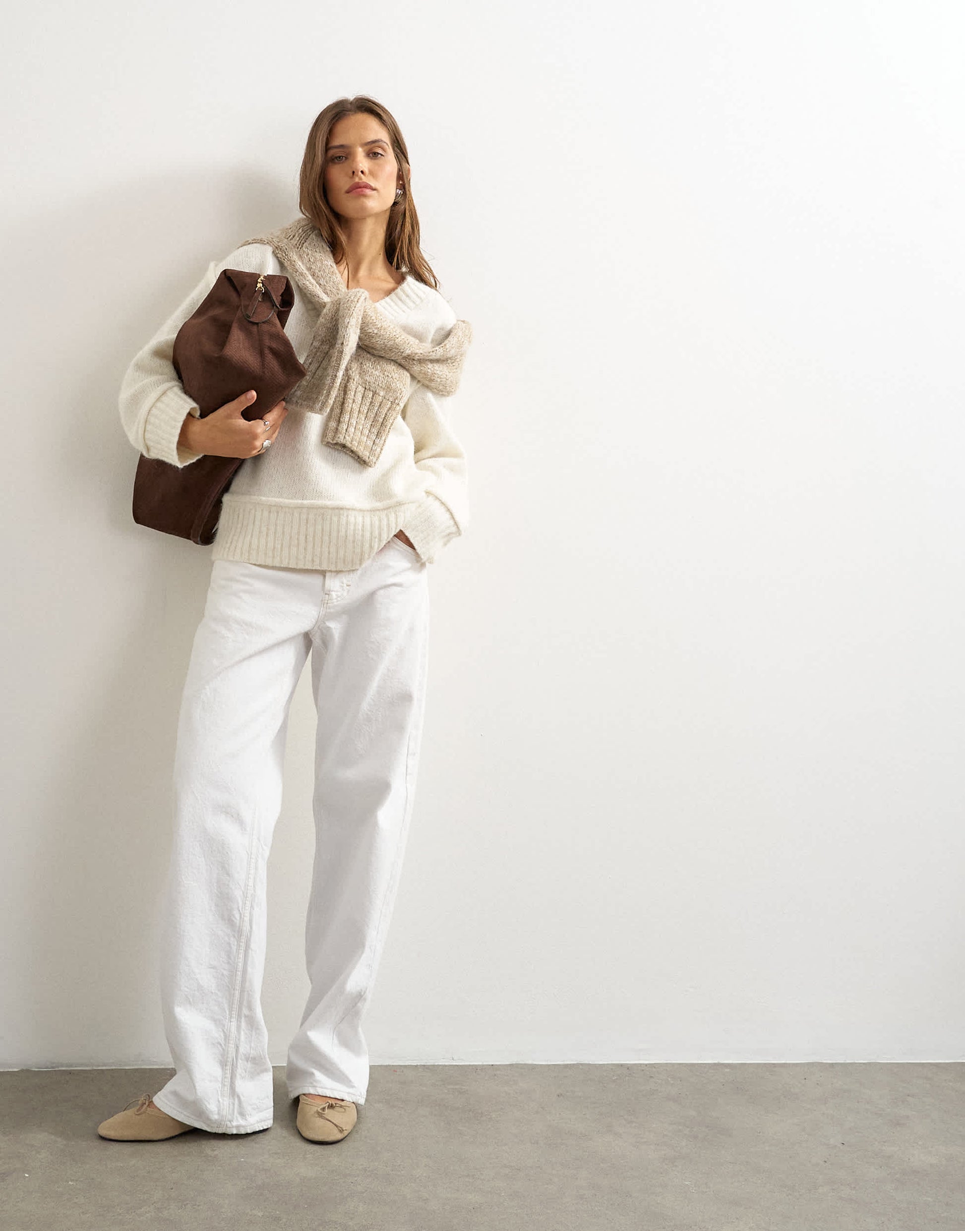 Topshop knitted v neck slouchy roll seam detail jumper with wool in ivory