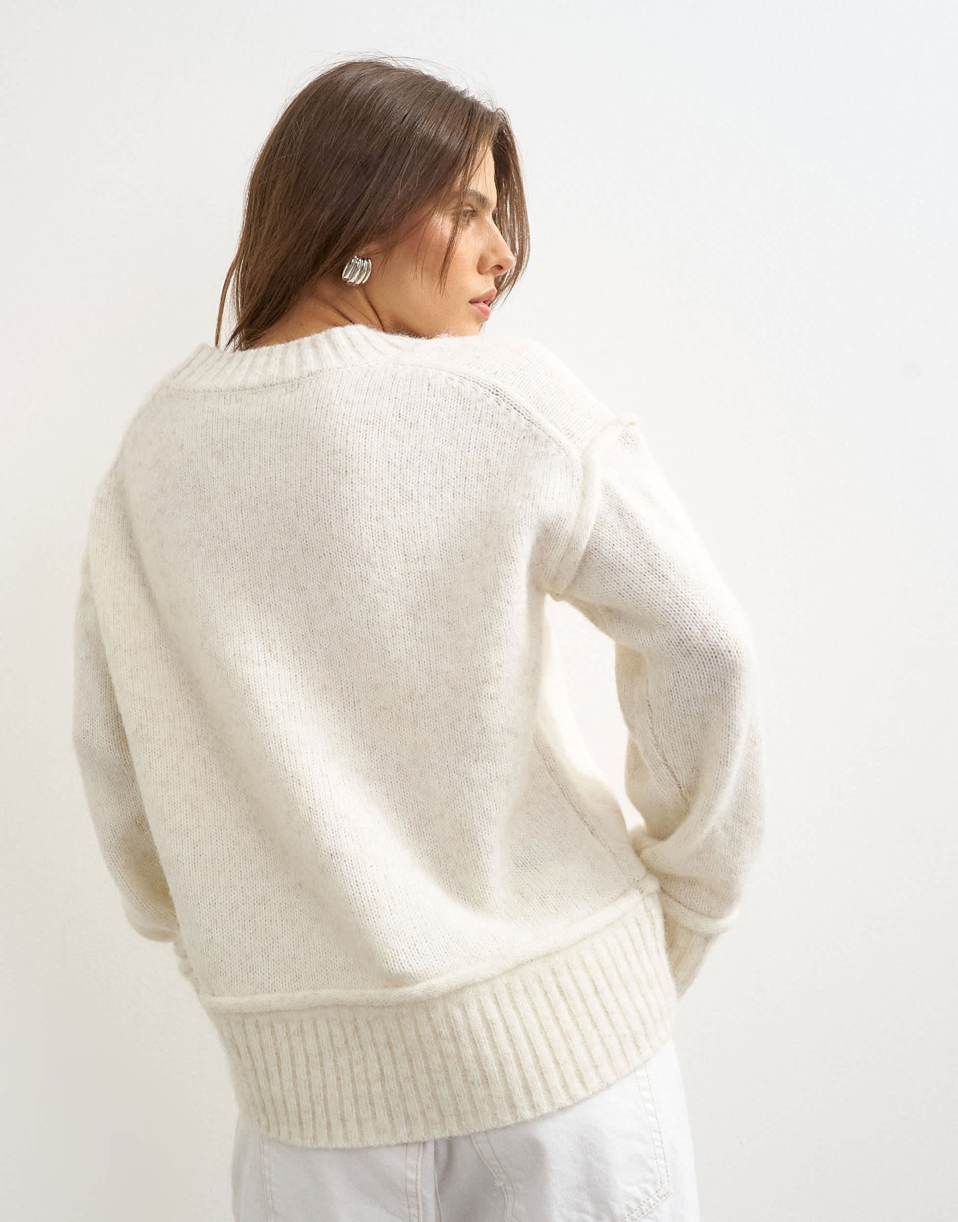 Topshop knitted v neck slouchy roll seam detail jumper with wool in ivory