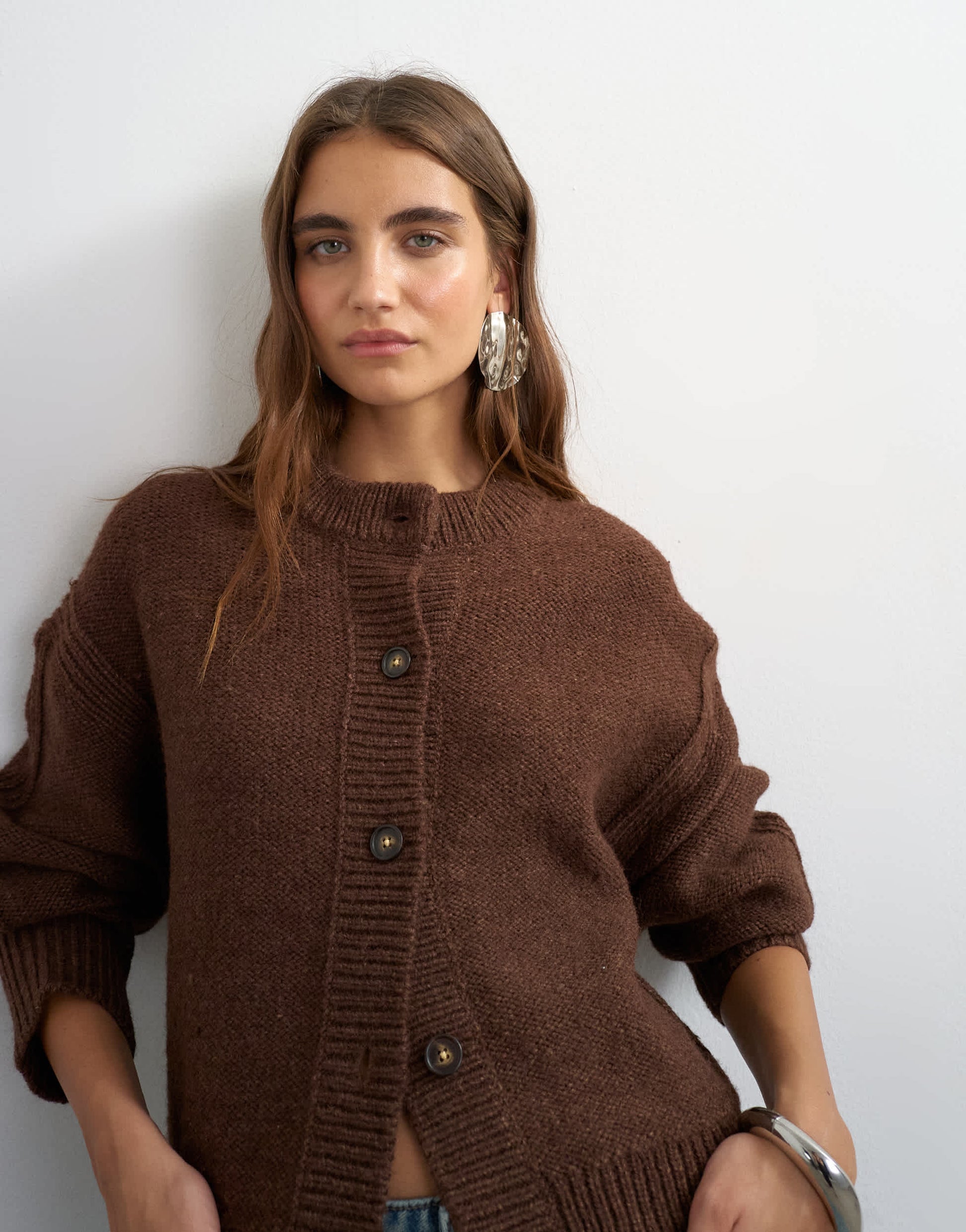 Topshop knitted boxy deep rib cardigan in pecan