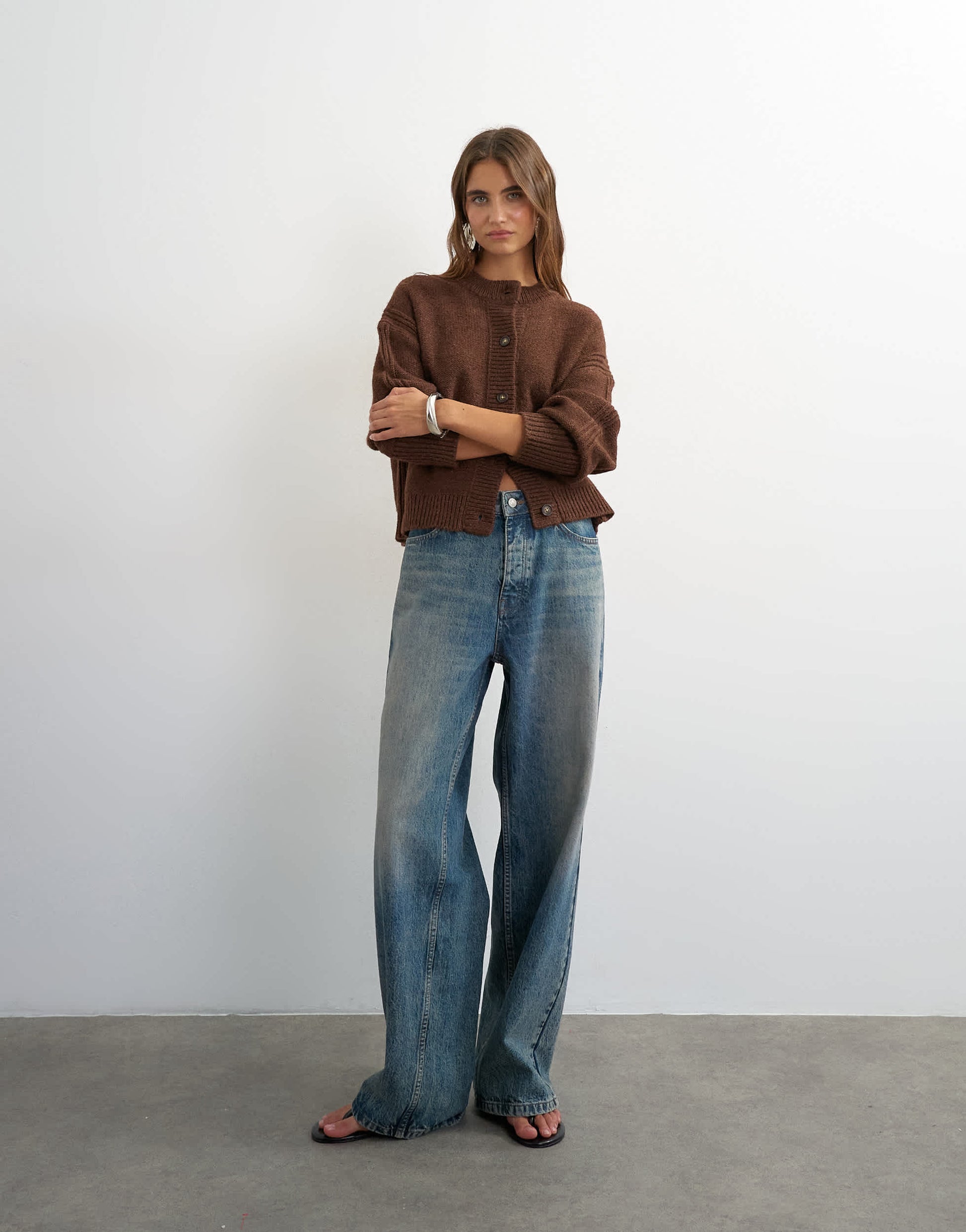 Topshop knitted boxy deep rib cardigan in pecan