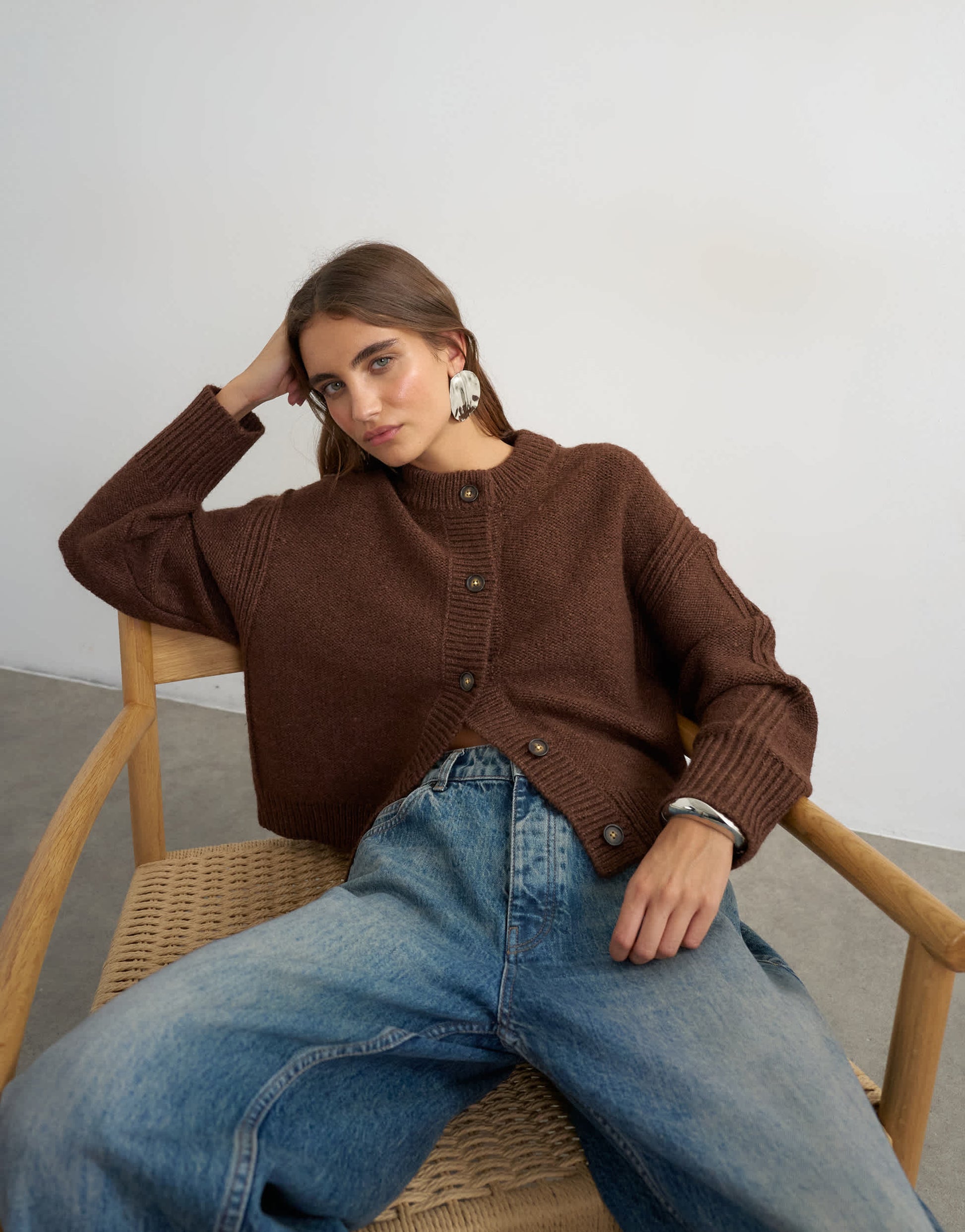 Topshop knitted boxy deep rib cardigan in pecan