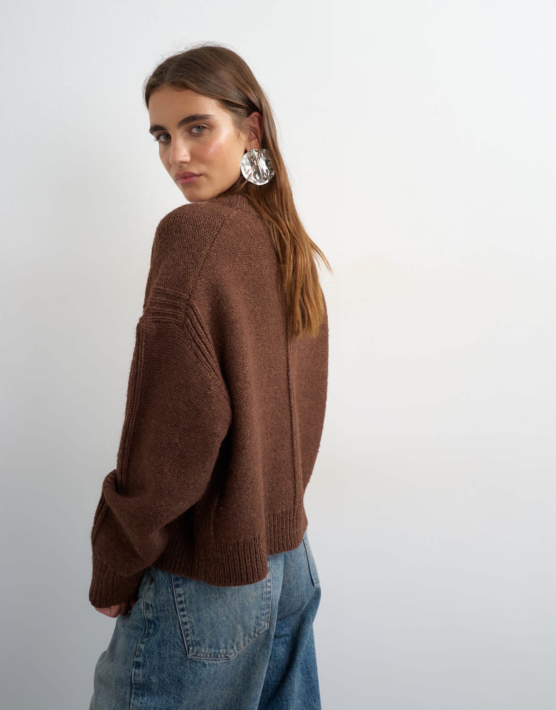 Topshop knitted boxy deep rib cardigan in pecan