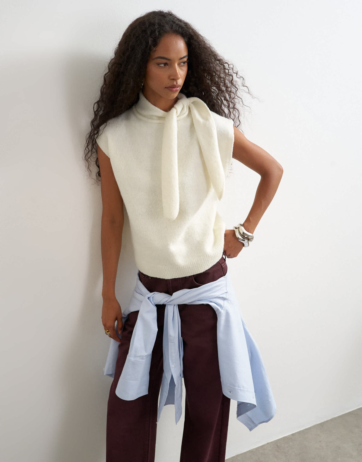 Topshop knitted tie neck top in ivory 