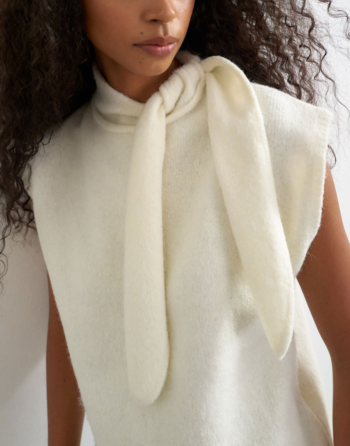 Topshop knitted tie neck top in ivory 