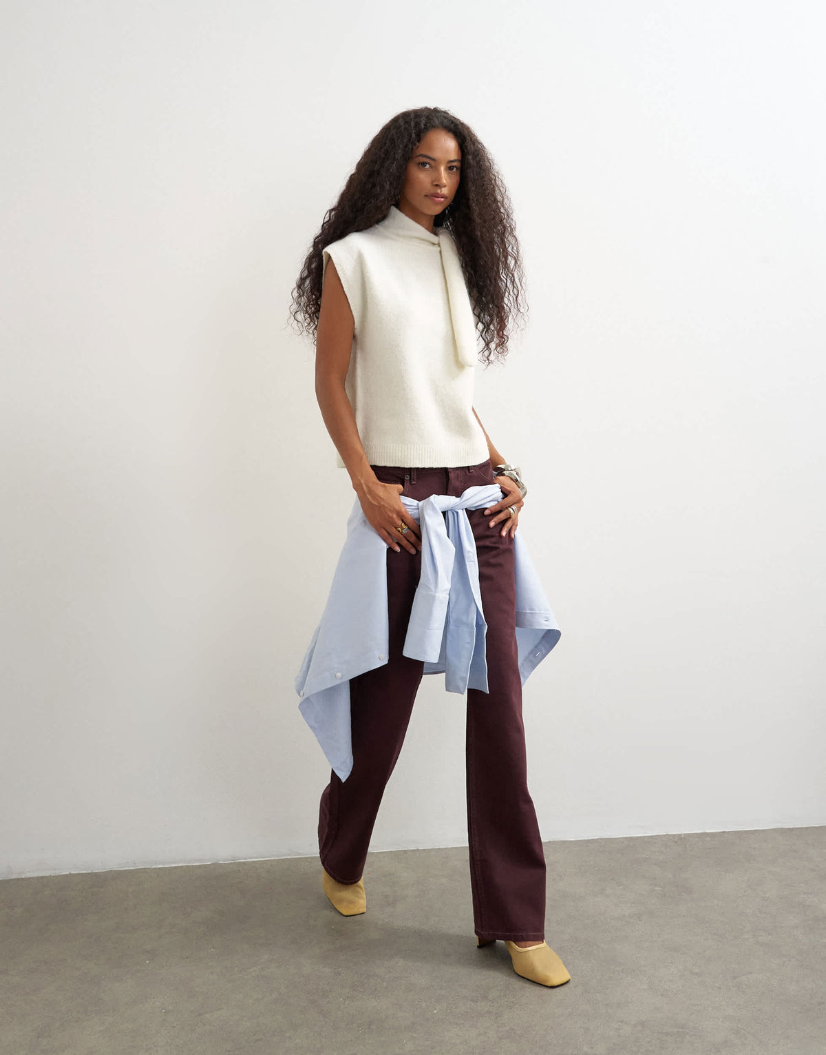 Topshop knitted tie neck top in ivory 