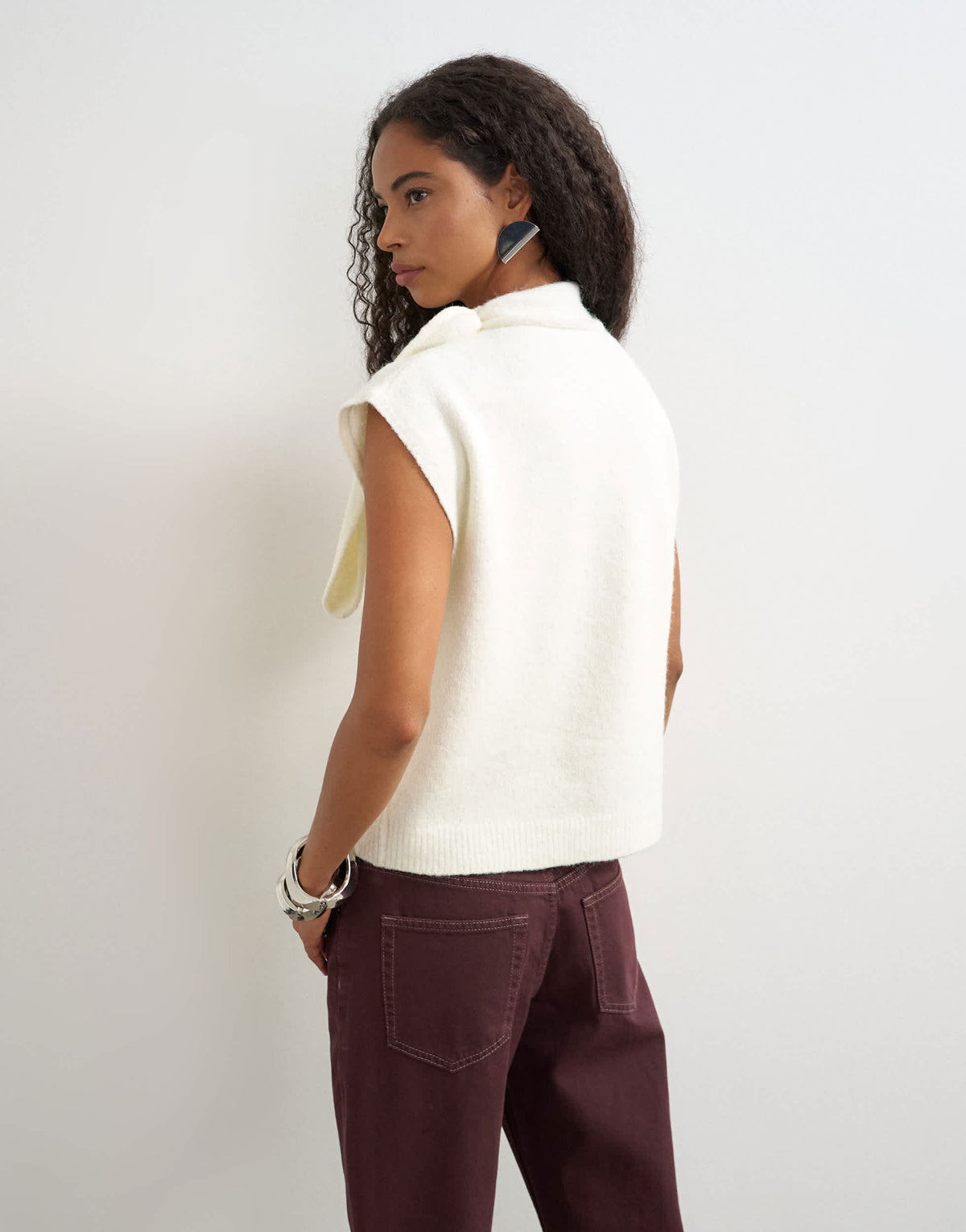 Topshop knitted tie neck top in ivory 