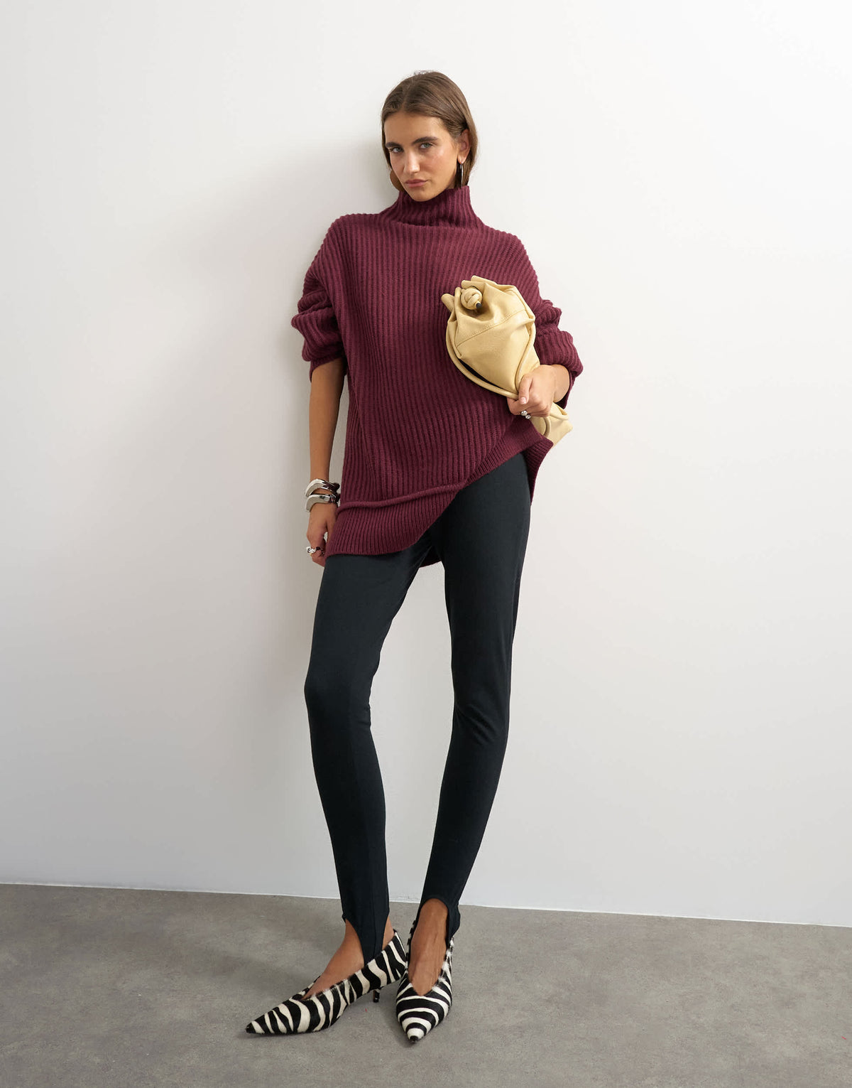 Topshop knitted high neck roll seam detail oversized jumper with wool in mulberry
