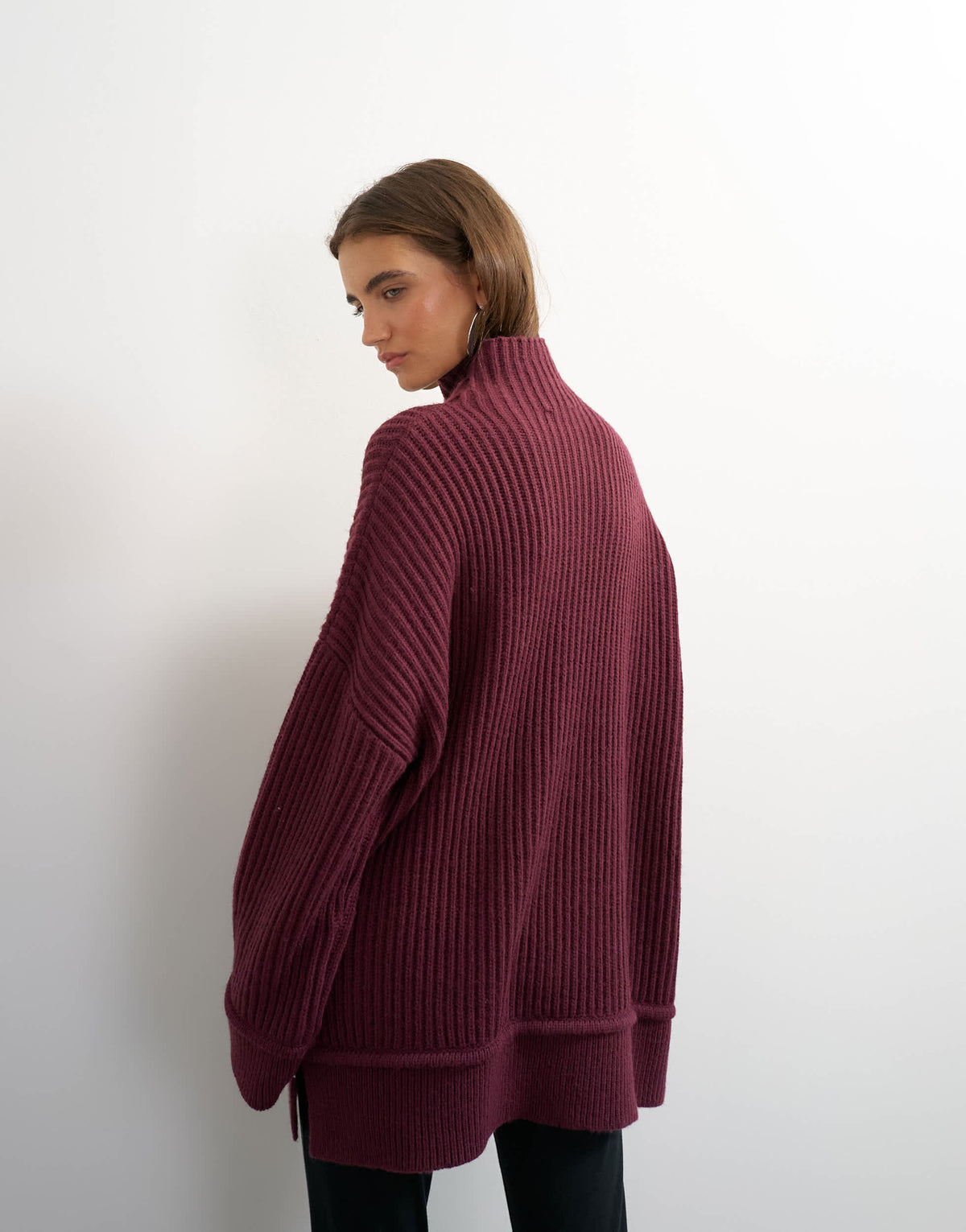 Topshop knitted high neck roll seam detail oversized jumper with wool in mulberry