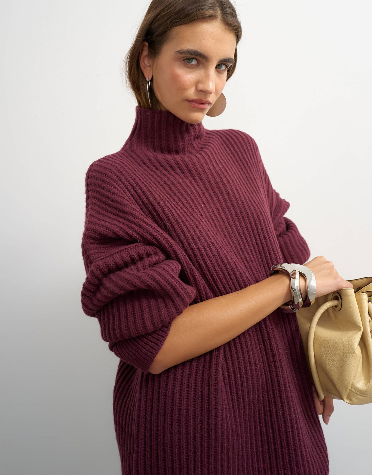 Topshop knitted high neck roll seam detail oversized jumper with wool in mulberry