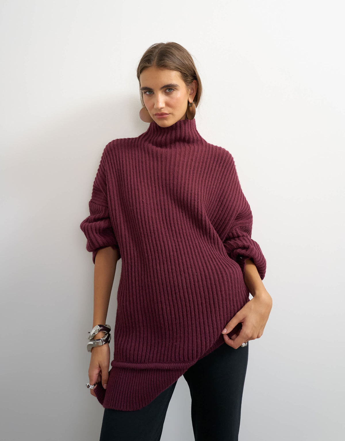 Topshop knitted high neck roll seam detail oversized jumper with wool in mulberry