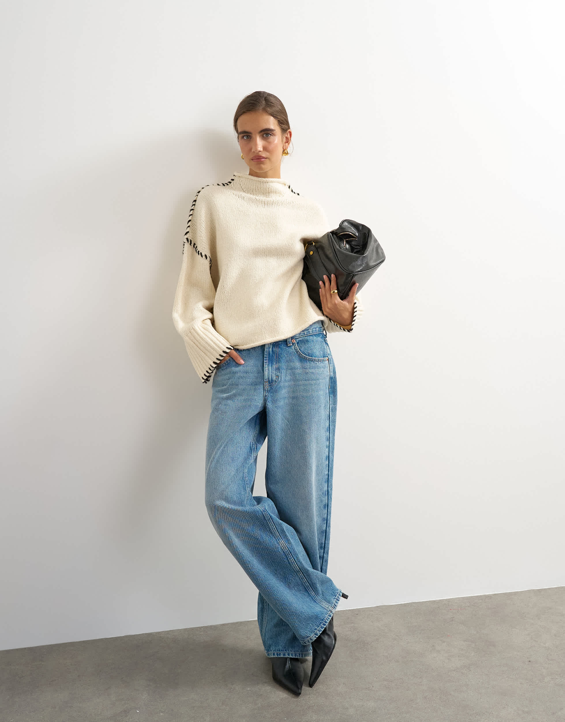 Topshop knitted roll edge blanket stitch jumper in ivory