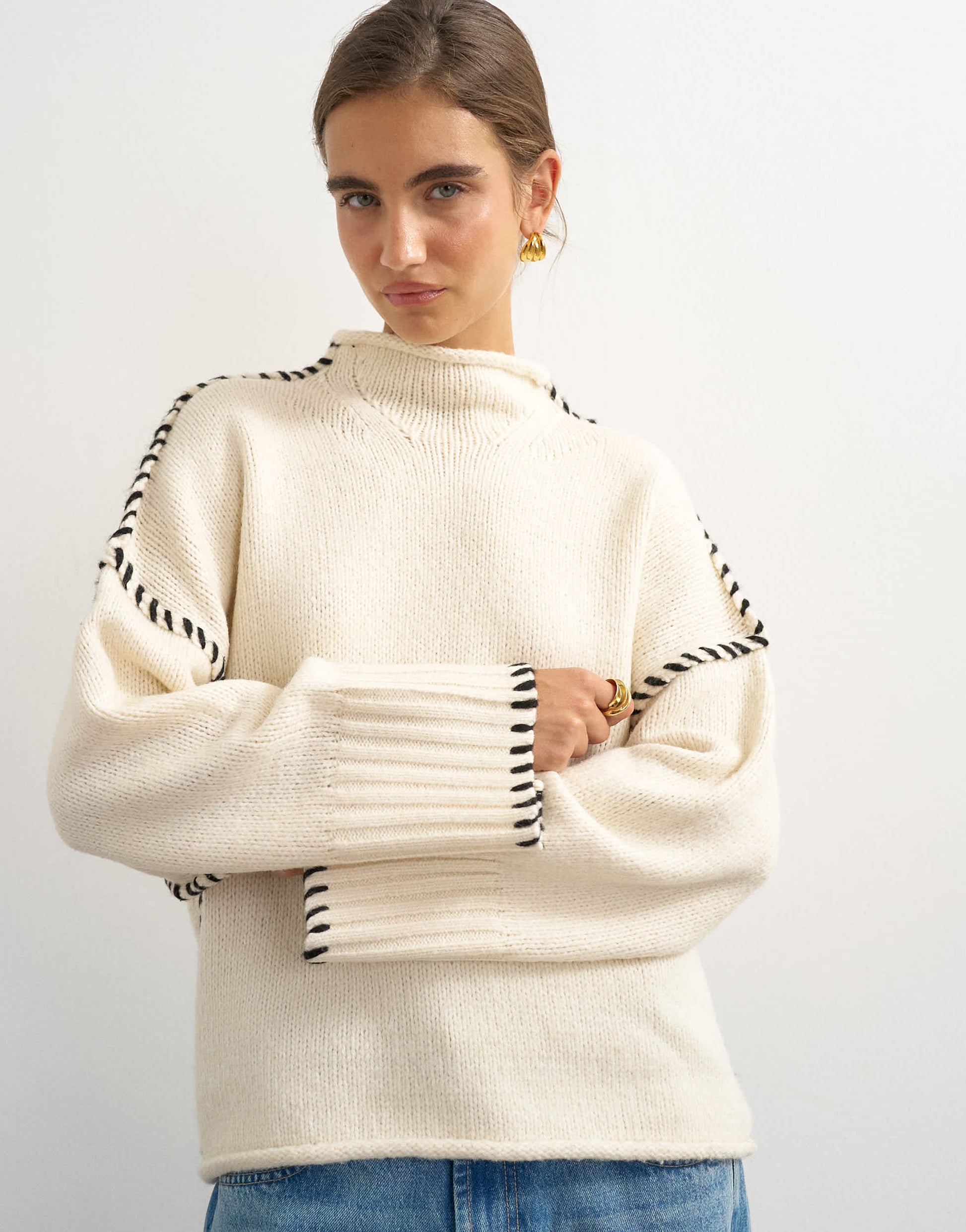 Topshop knitted roll edge blanket stitch jumper in ivory