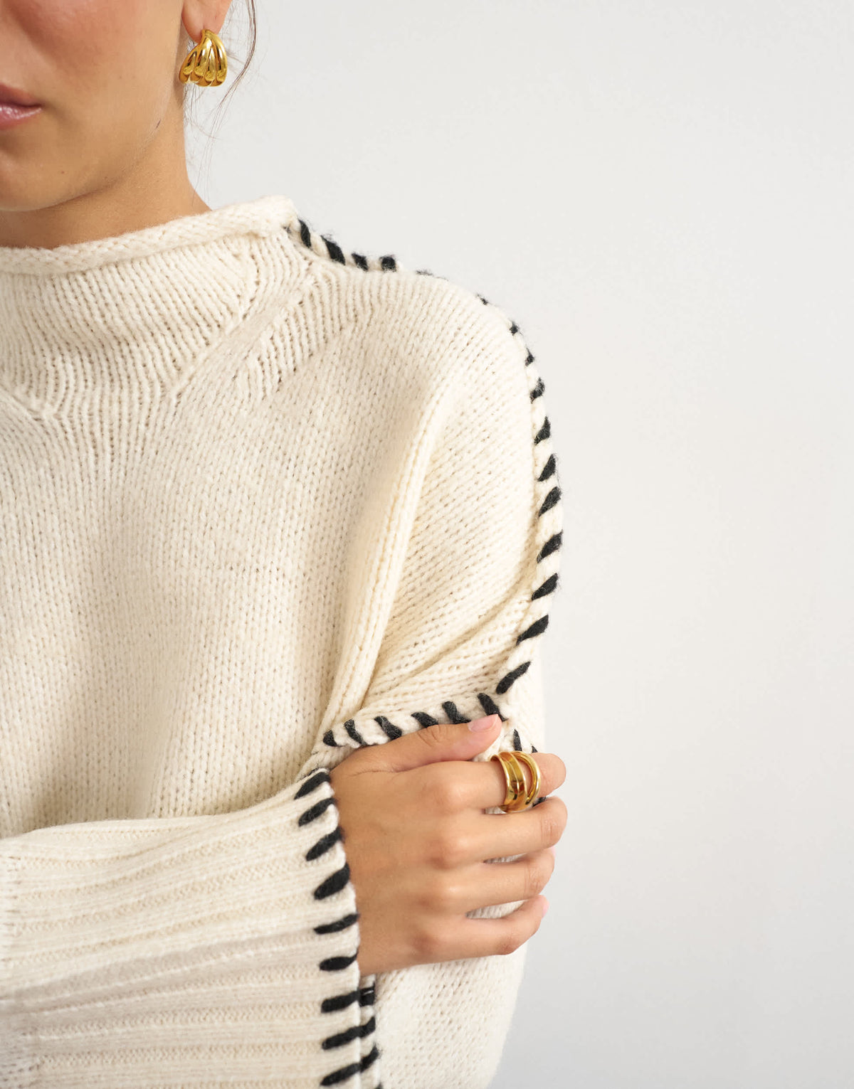 Topshop knitted roll edge blanket stitch jumper in ivory