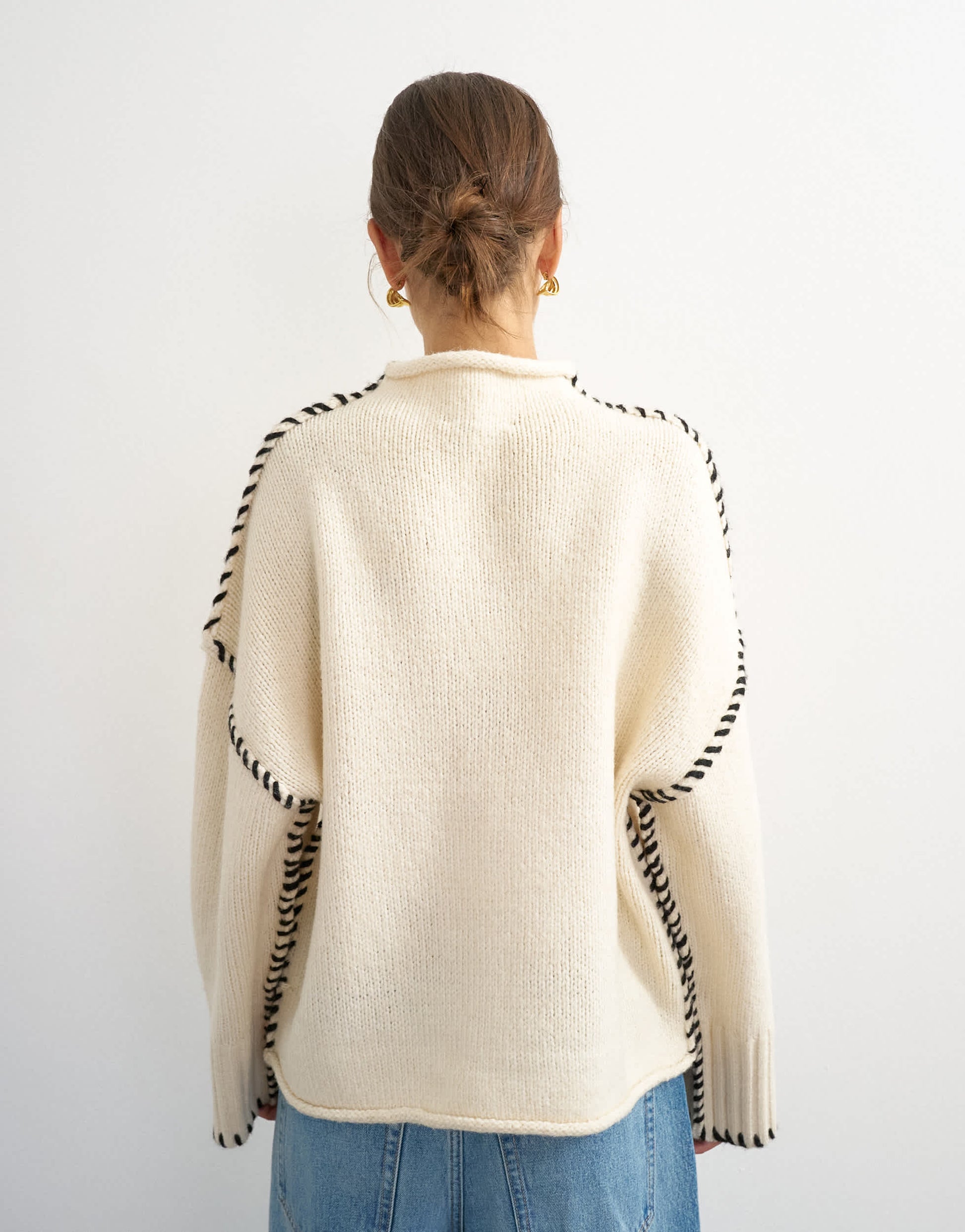 Topshop knitted roll edge blanket stitch jumper in ivory