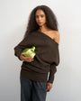 Topshop knitted asymmetric neck fluffy longline draped jumper with wool in tobacco