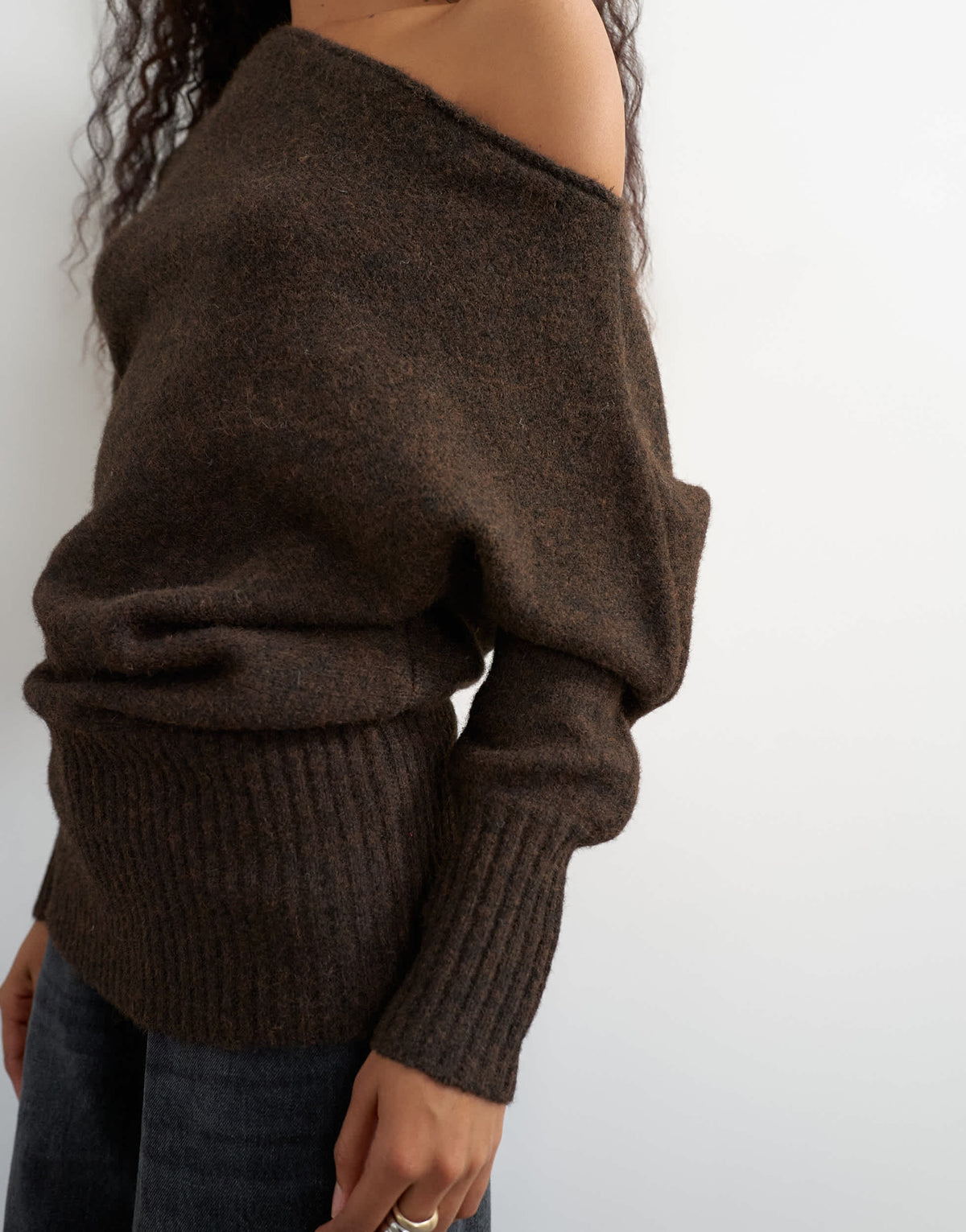 Topshop knitted asymmetric neck fluffy longline draped jumper with wool in tobacco