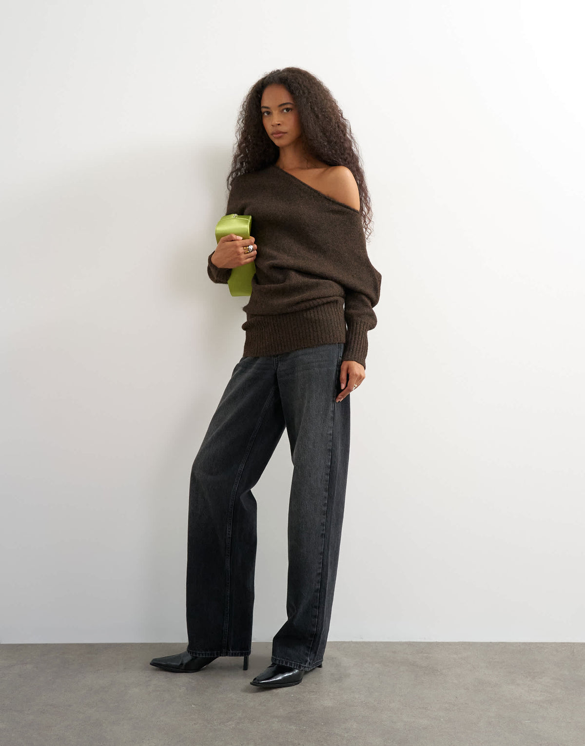 Topshop knitted asymmetric neck fluffy longline draped jumper with wool in tobacco