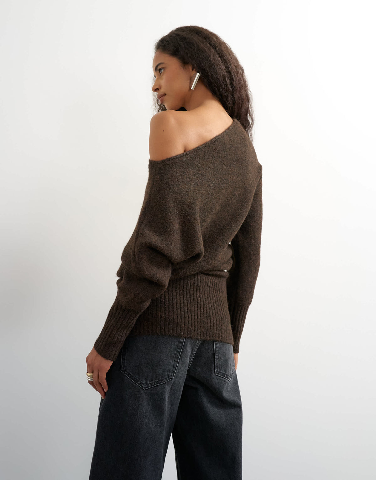 Topshop knitted asymmetric neck fluffy longline draped jumper with wool in tobacco