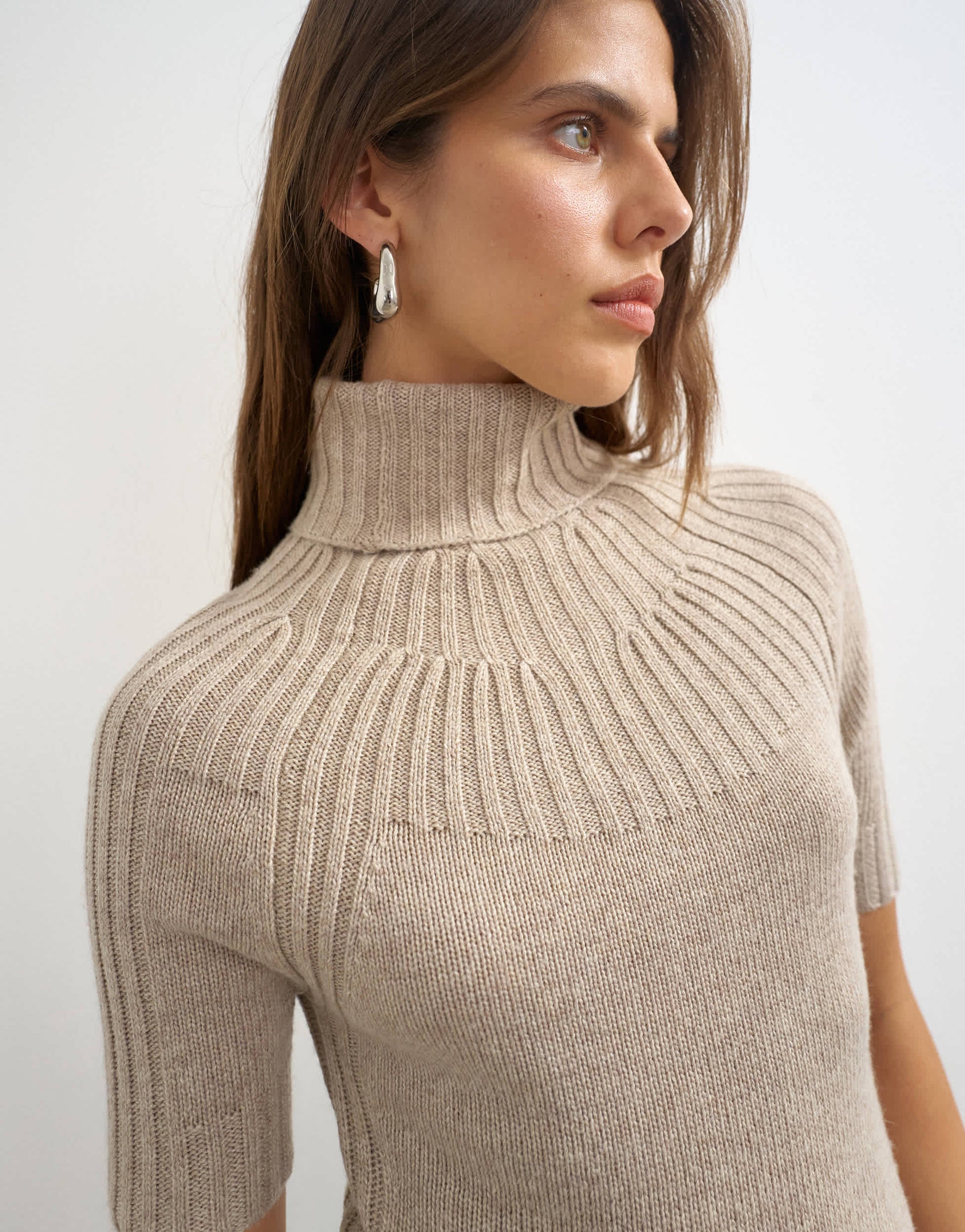 Topshop knitted rib yoke funnel neck top in oat
