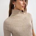 Topshop knitted rib yoke funnel neck top in oat