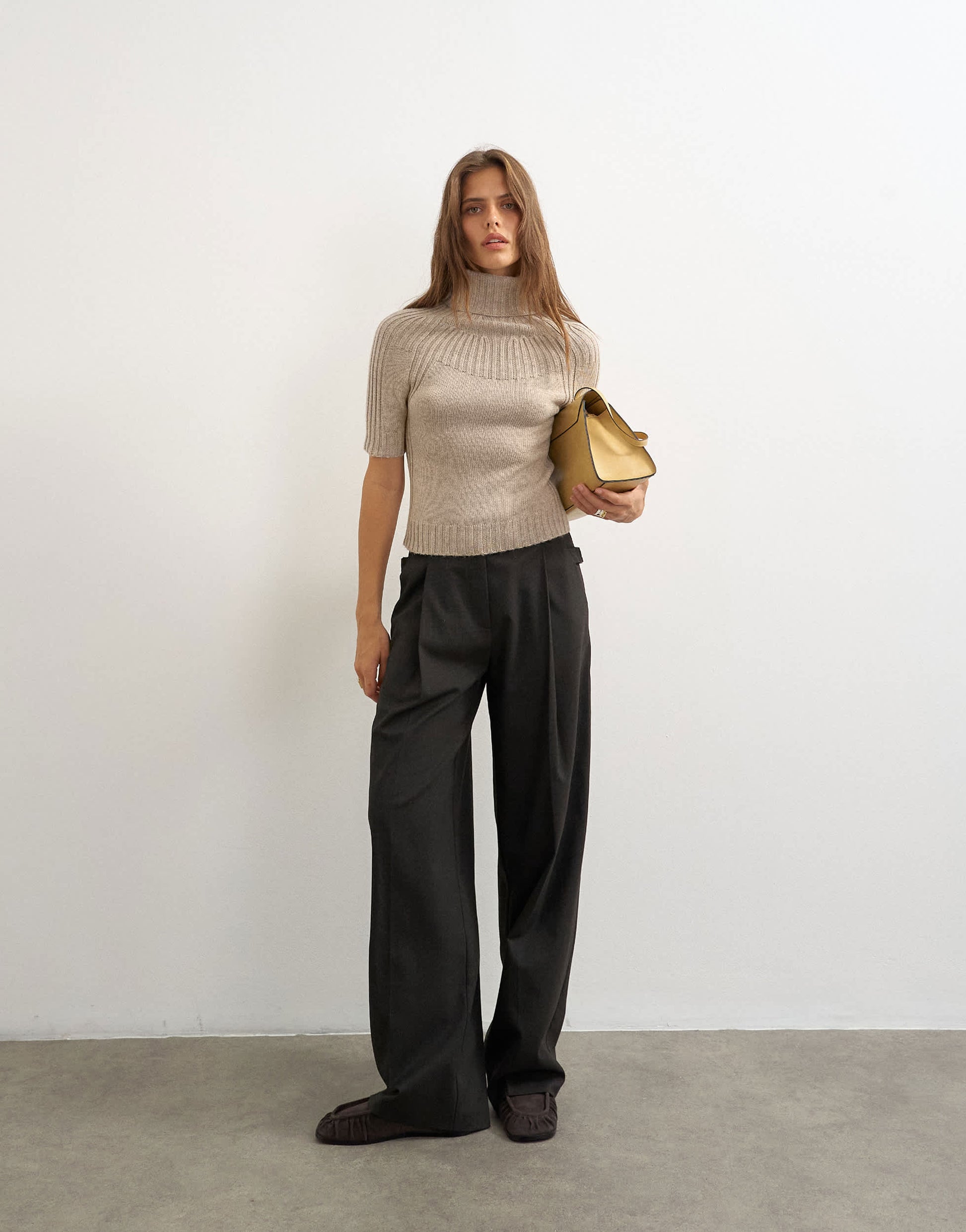 Topshop knitted rib yoke funnel neck top in oat