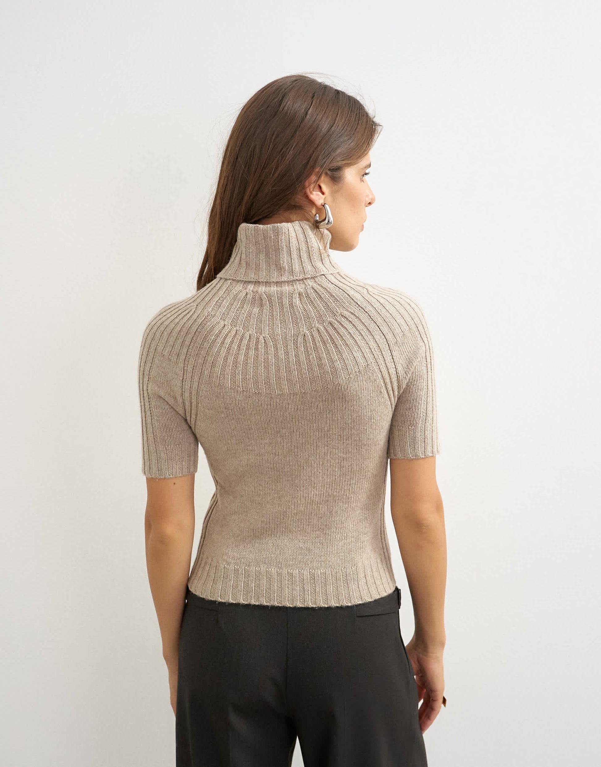 Topshop knitted rib yoke funnel neck top in oat