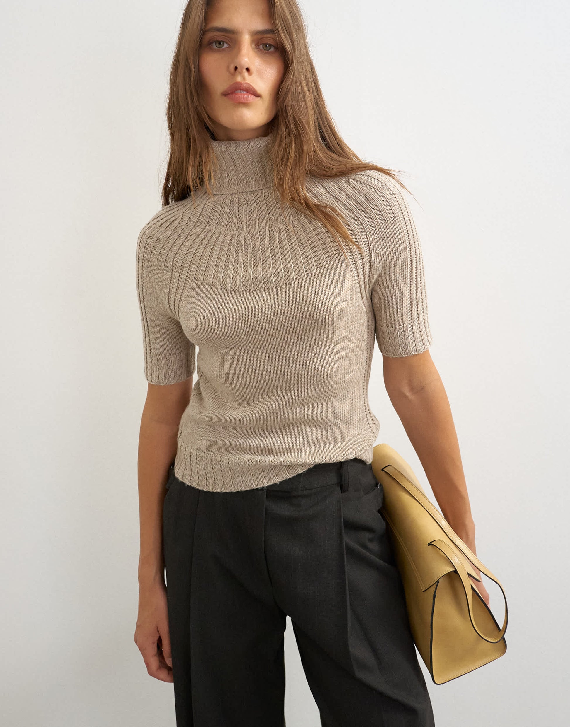 Topshop knitted rib yoke funnel neck top in oat