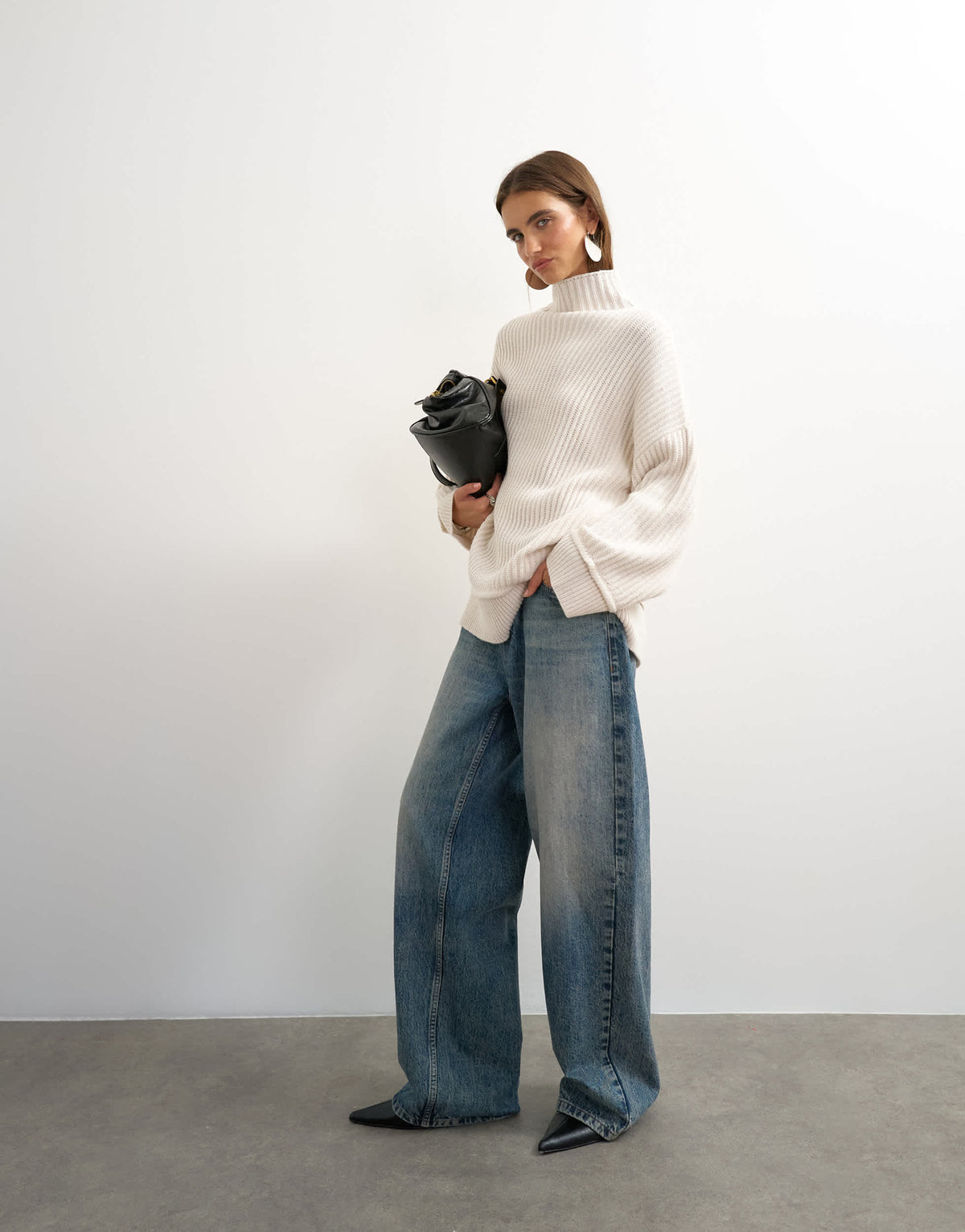 Topshop knitted high neck roll seam detail oversized jumper with wool in ivory