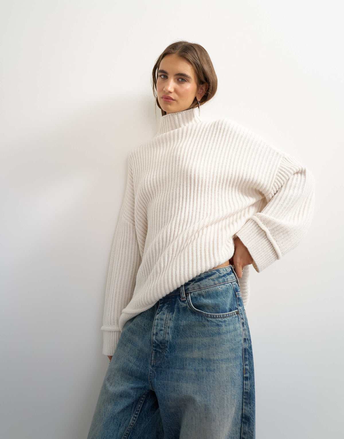 Topshop knitted high neck roll seam detail oversized jumper with wool in ivory