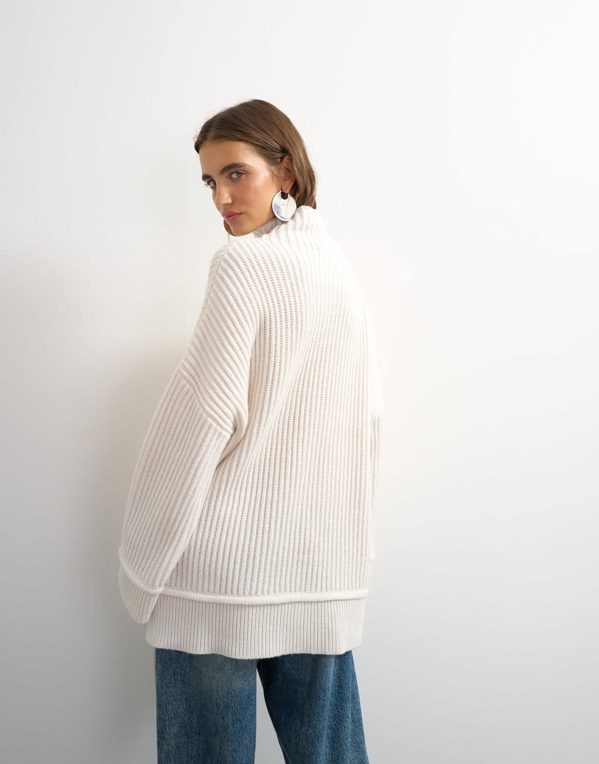 Topshop knitted high neck roll seam detail oversized jumper with wool in ivory
