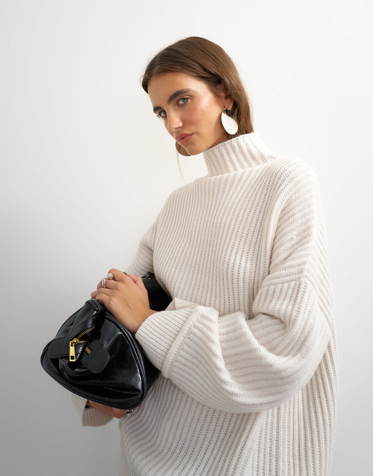 Topshop knitted high neck roll seam detail oversized jumper with wool in ivory