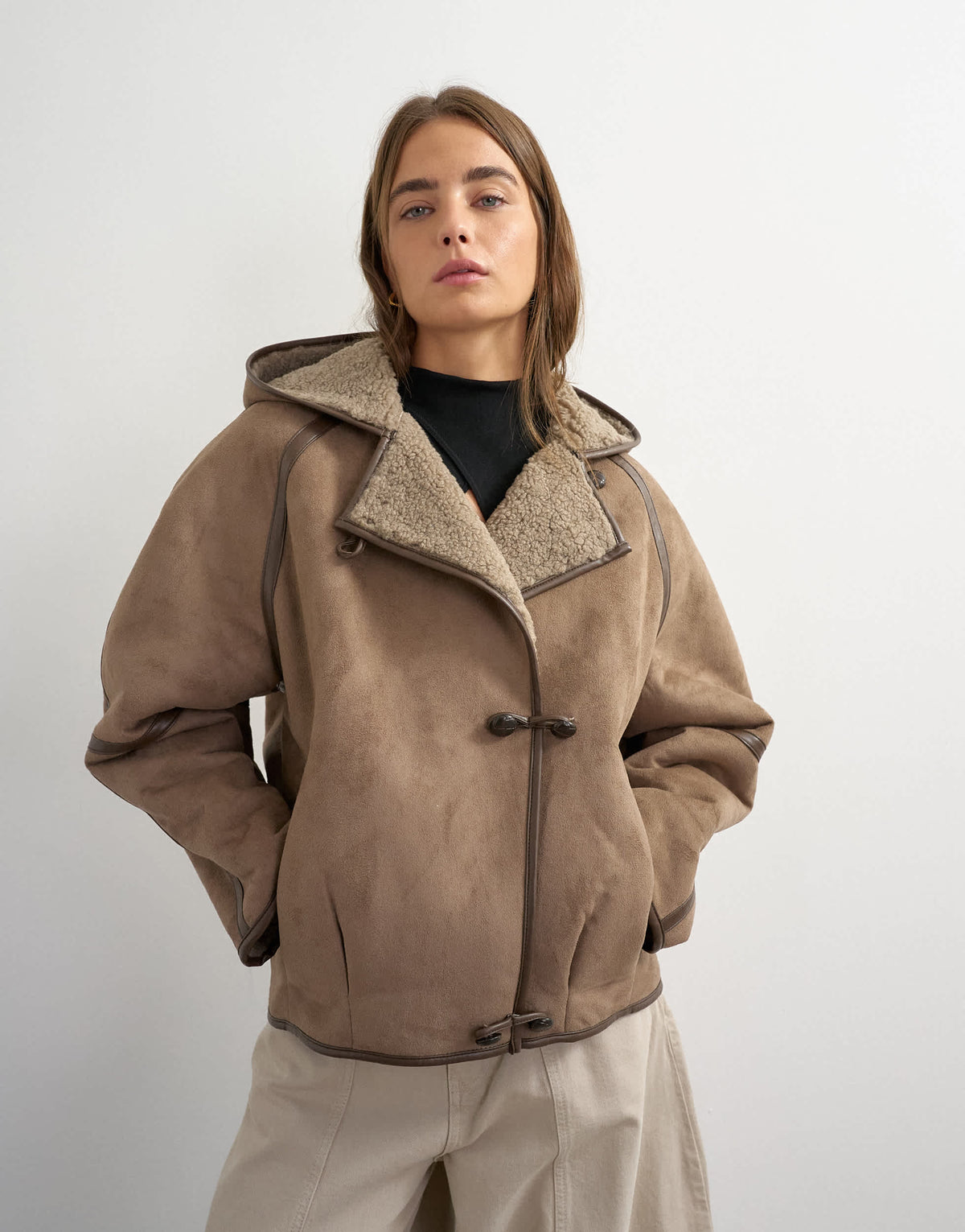 Topshop hooded shearling toggle detail jacket in brown