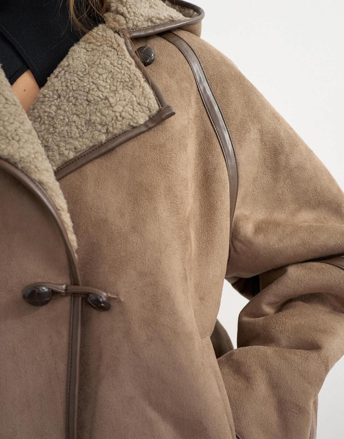 Topshop hooded shearling toggle detail jacket in brown