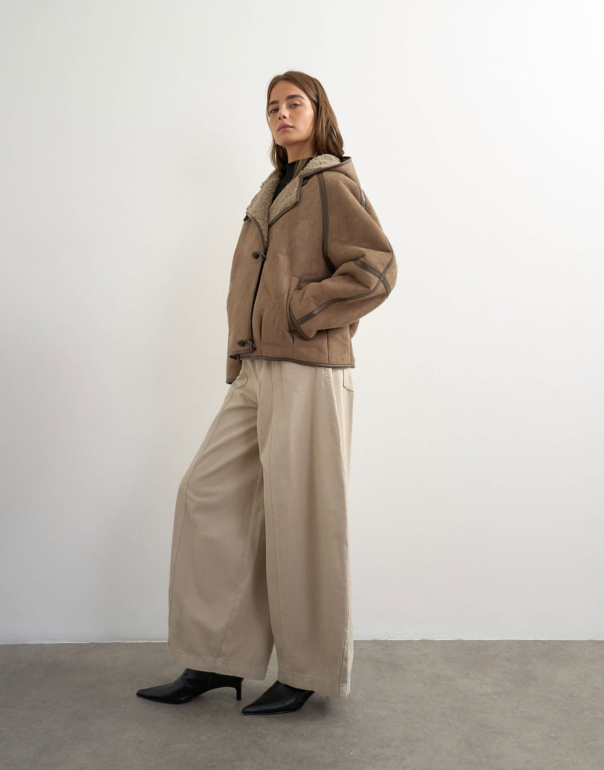 Topshop hooded shearling toggle detail jacket in brown