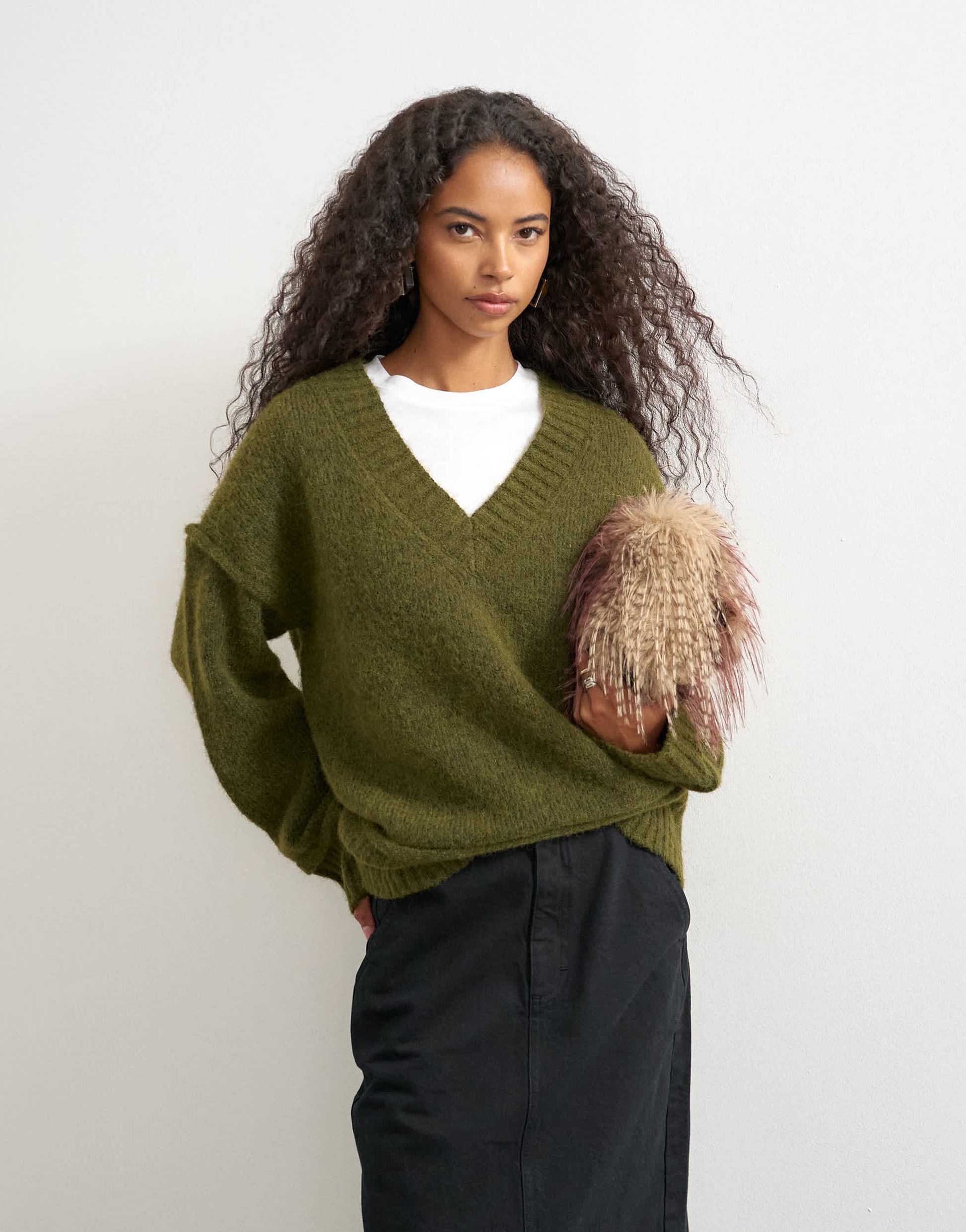 Topshop knitted deep v neck jumper with wool in moss
