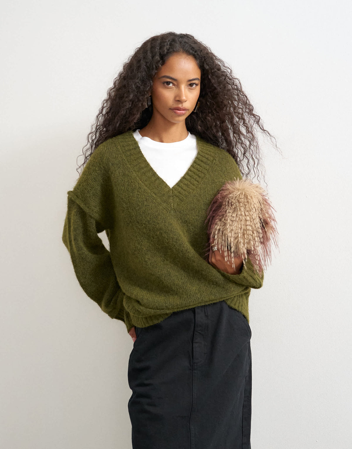 Topshop knitted deep v neck jumper with wool in moss
