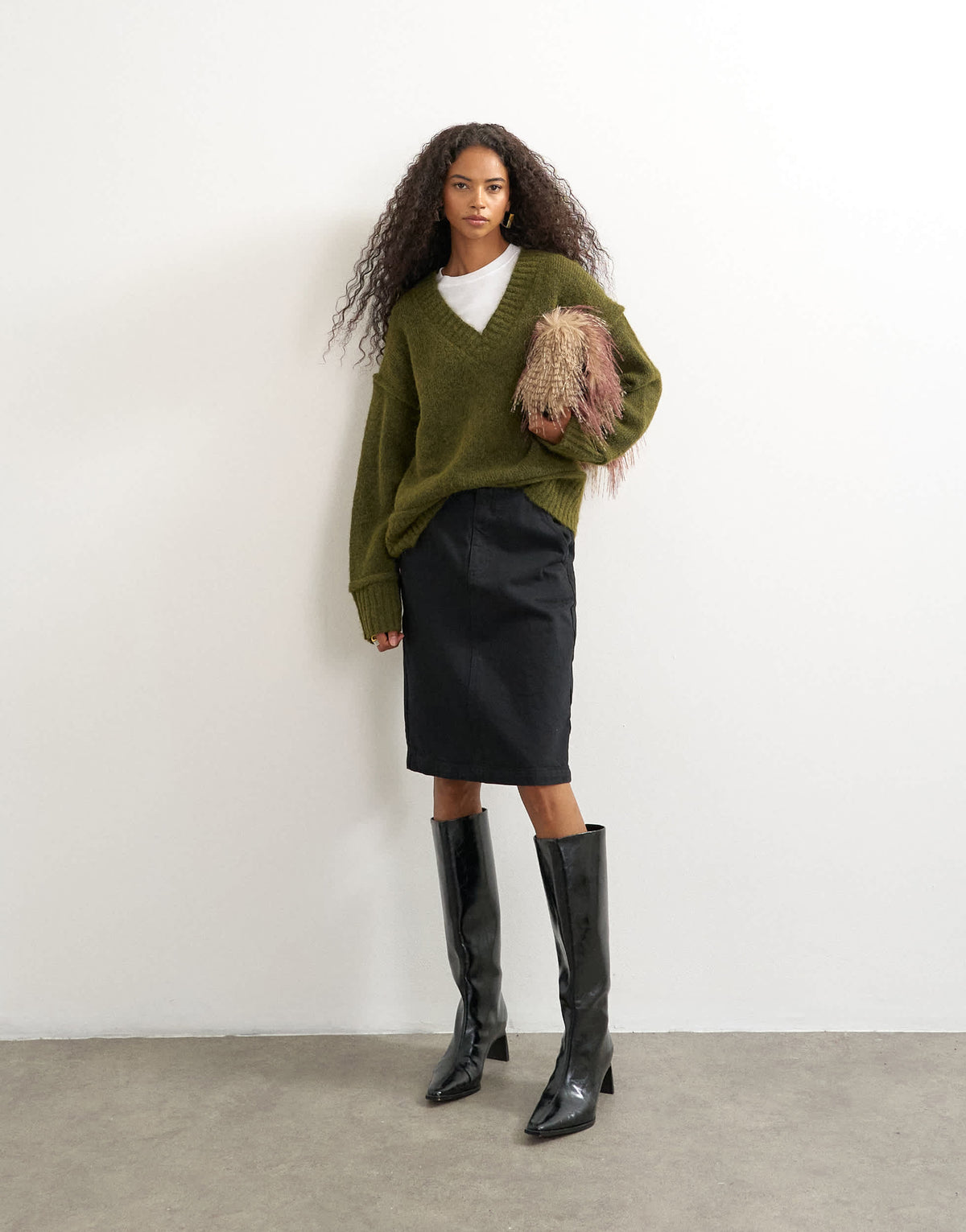 Topshop knitted deep v neck jumper with wool in moss