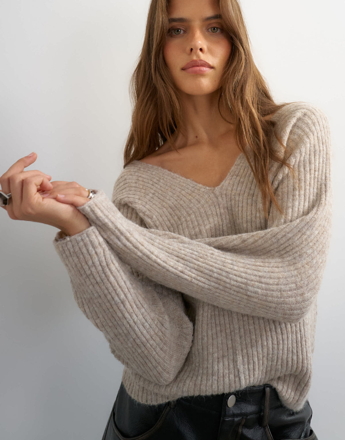 Topshop knitted slouchy rib jumper in oat