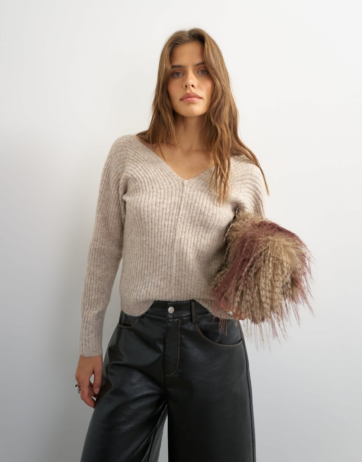Topshop knitted slouchy rib jumper in oat