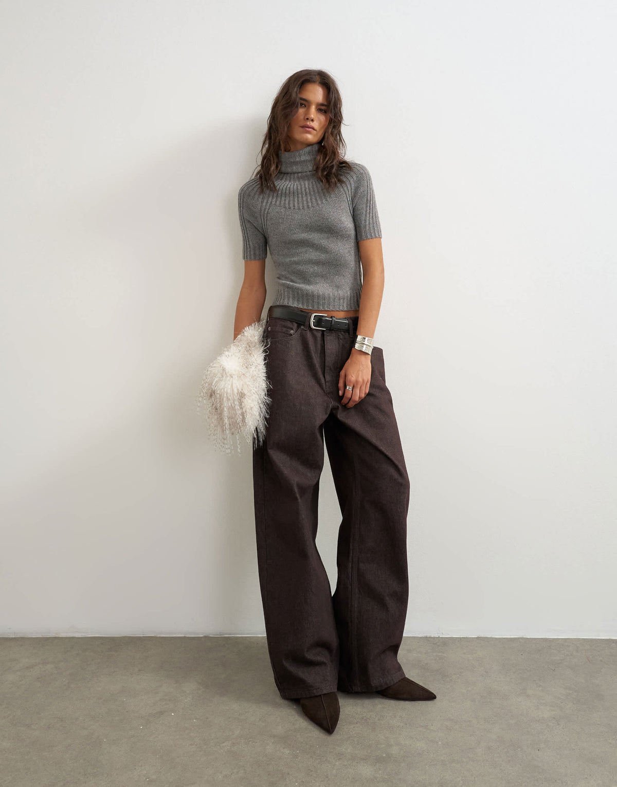 Topshop knitted rib yoke funnel neck top in grey